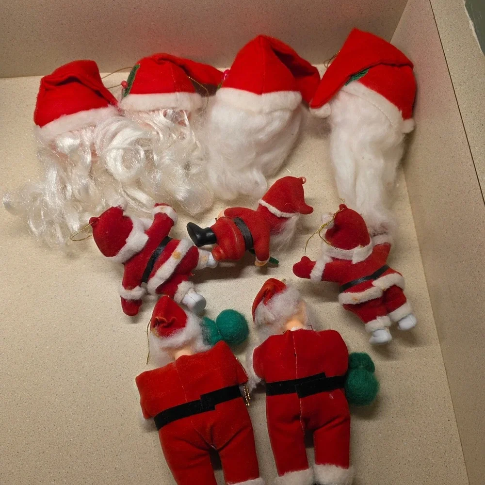 Lot of Vintage Santa Christmas Ornaments 9pc Red White Mid Century Retro, Rubber